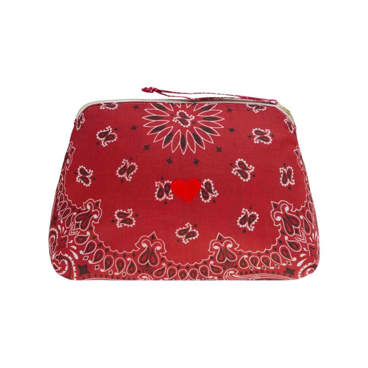 The Tiny Finch large red cotton toiletry bag with bandana print and hand-embroidered heart, featuring a gold zip.