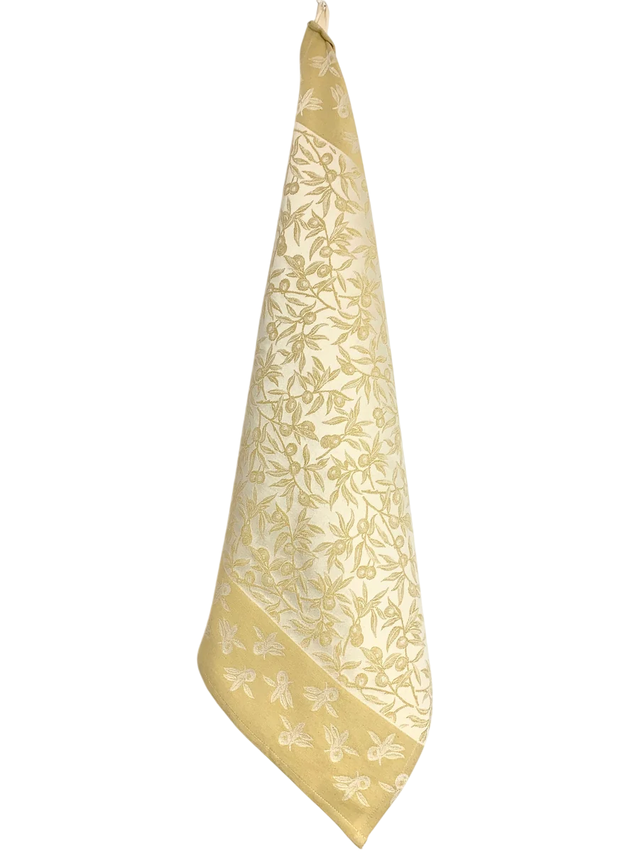 Embroidered Kitchen Towel Olives Mustard