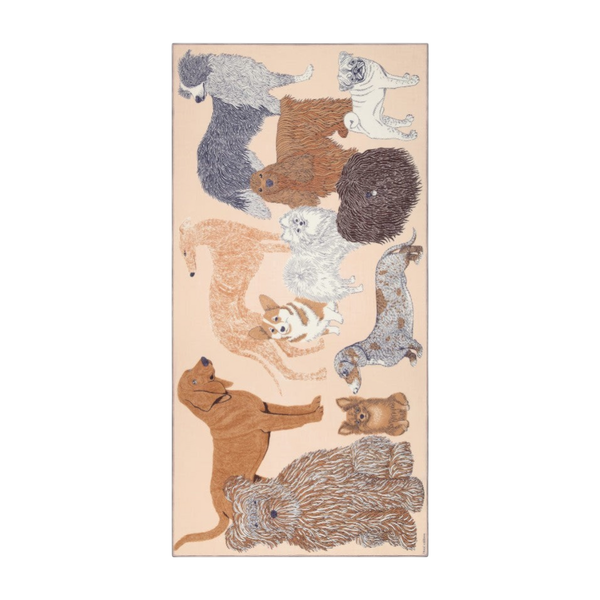 The Tiny Finch Scarf Toutou Nude in soft wool featuring a whimsical dog breed print on a light beige background.