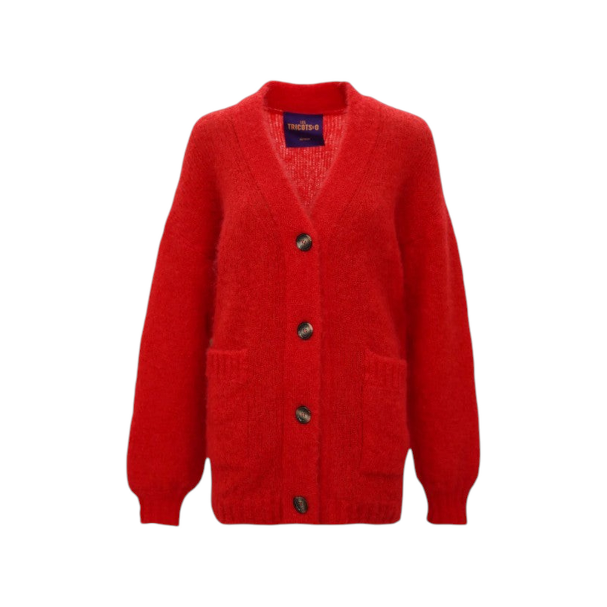 The Tiny Finch Les Tricots Charlie cardigan in bright red mohair blend with a V-neck and front button closure.