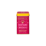 The Tiny Finch Diaspora Co. Biryani Masala spice blend in a rectangular red tin with a yellow lid and tiger logo.