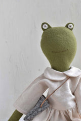 Fern the Frog — Heirloom Wool Doll in Oat Linen Dress