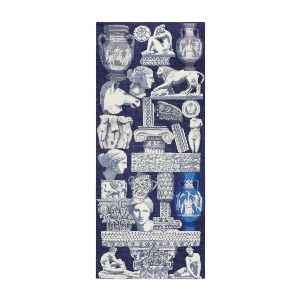 The Tiny Finch Inoui Editions for the Louvre navy wool scarf featuring white classical Greek sculpture illustrations.