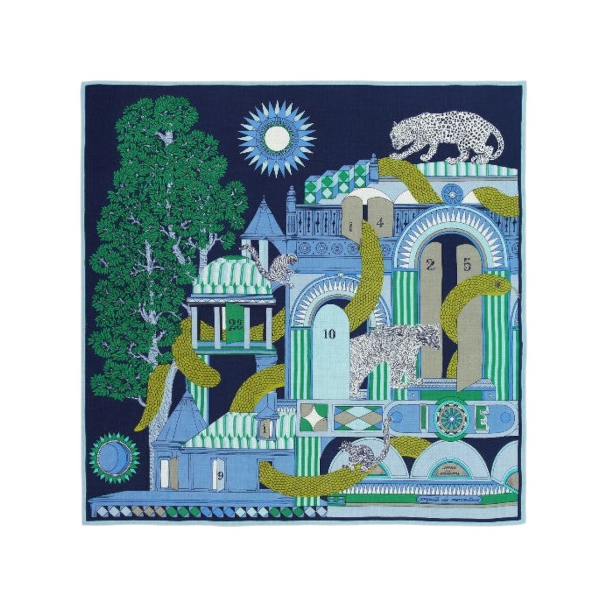 The Tiny Finch Nicolas green square wool scarf featuring a whimsical architectural print with leopards and trees.