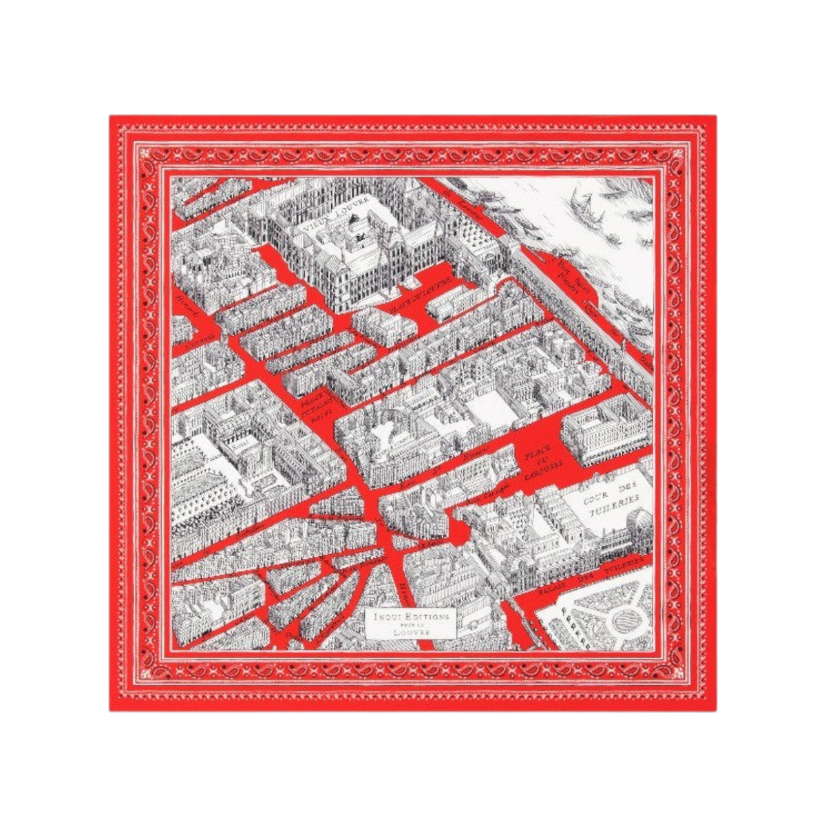 The Tiny Finch square cotton scarf in red featuring a detailed black and white map print of the Louvre museum area.