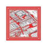 The Tiny Finch square cotton scarf in red featuring a detailed black and white map print of the Louvre museum area.