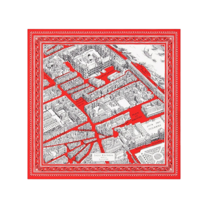 The Tiny Finch square cotton scarf in red featuring a detailed black and white map print of the Louvre museum area.