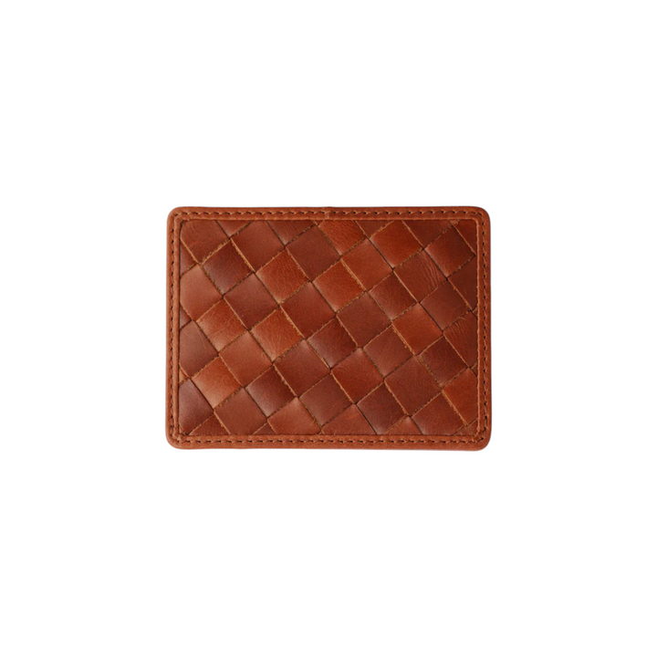 The Tiny Finch Nico card case in sienna brown handwoven carré leather with a slim minimalist design.