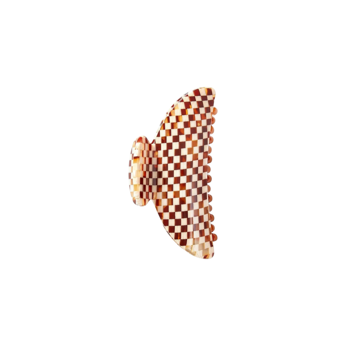 The Tiny Finch midi hair claw clip in a brown and cream tortoise checkerboard pattern made from Italian acetate.