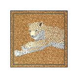 The Tiny Finch Scarf Felis in beige 100% silk featuring a detailed leopard print design with a dark border.