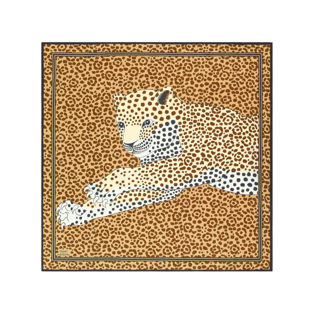 The Tiny Finch Scarf Felis in beige 100% silk featuring a detailed leopard print design with a dark border.