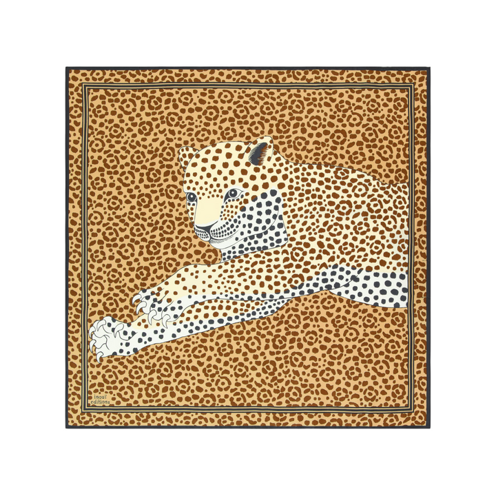 The Tiny Finch Scarf Felis in beige 100% silk featuring a detailed leopard print design with a dark border.