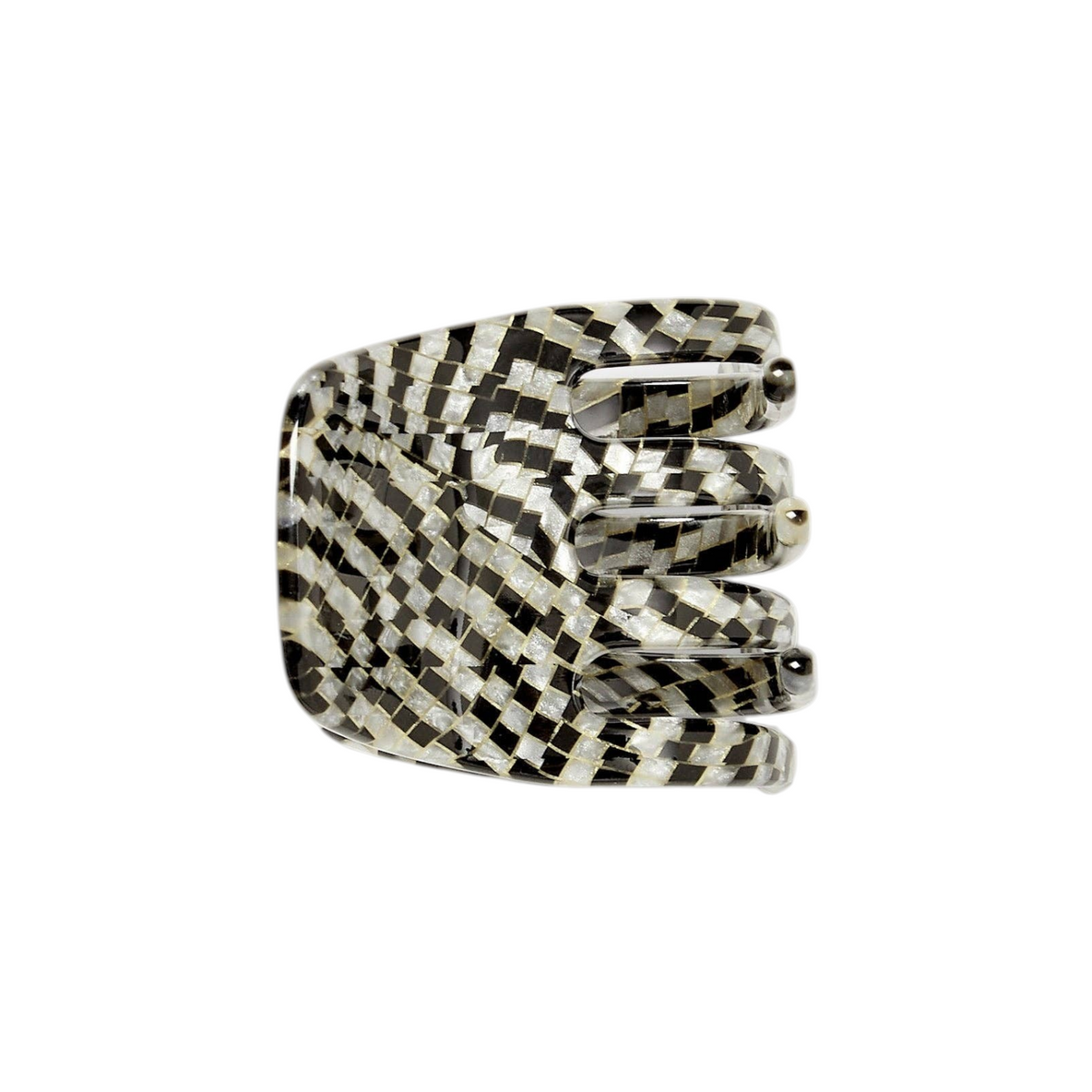 The Tiny Finch Perle Noir mini claw clip in black and white checkered Italian bio-acetate for all hair types.