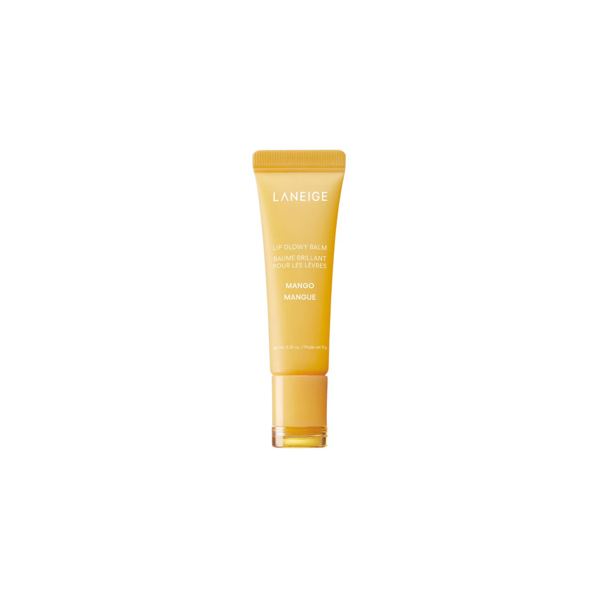 The Tiny Finch Laneige Glowy Lip Tube in Mango, a yellow moisture-rich lip balm with shea and murumuru seed butter.