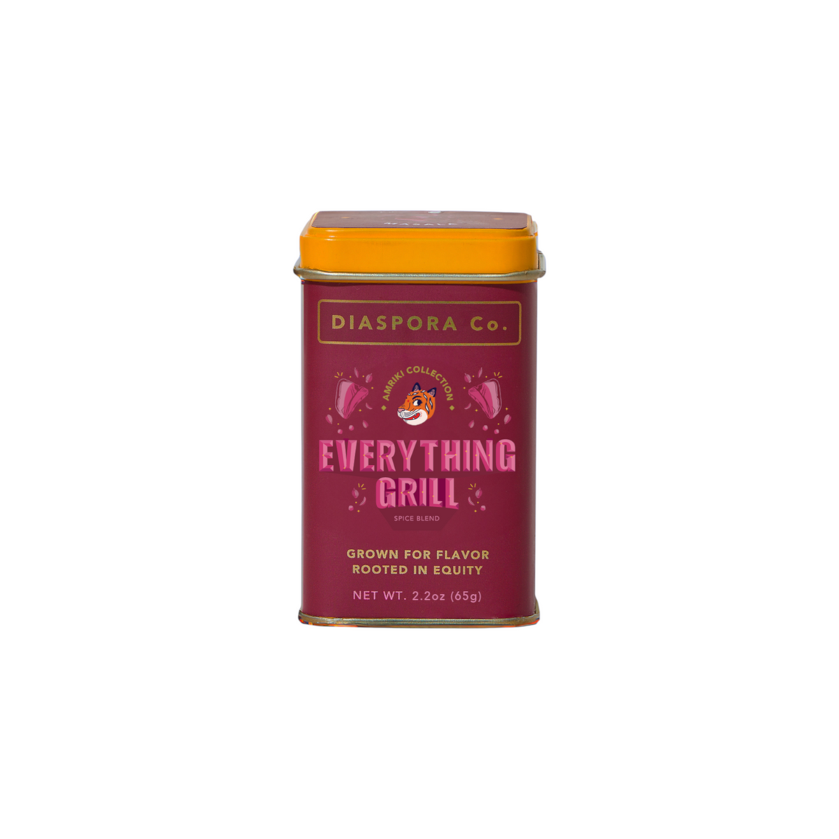 The Tiny Finch Everything Grill spice blend in a rectangular red tin with a yellow lid against a yellow background.