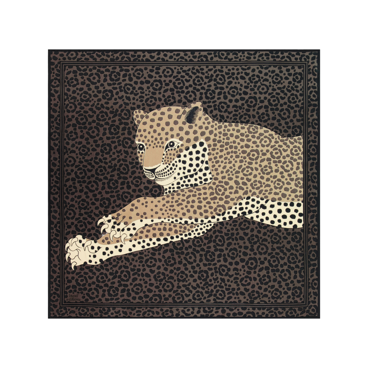 The Tiny Finch Scarf Felis in grey silk featuring a detailed leopard print design on a square 65x65 cm fabric