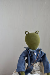 Fern the Frog — Heirloom Doll in Indigo Field Jacket & Eyelet Skirt