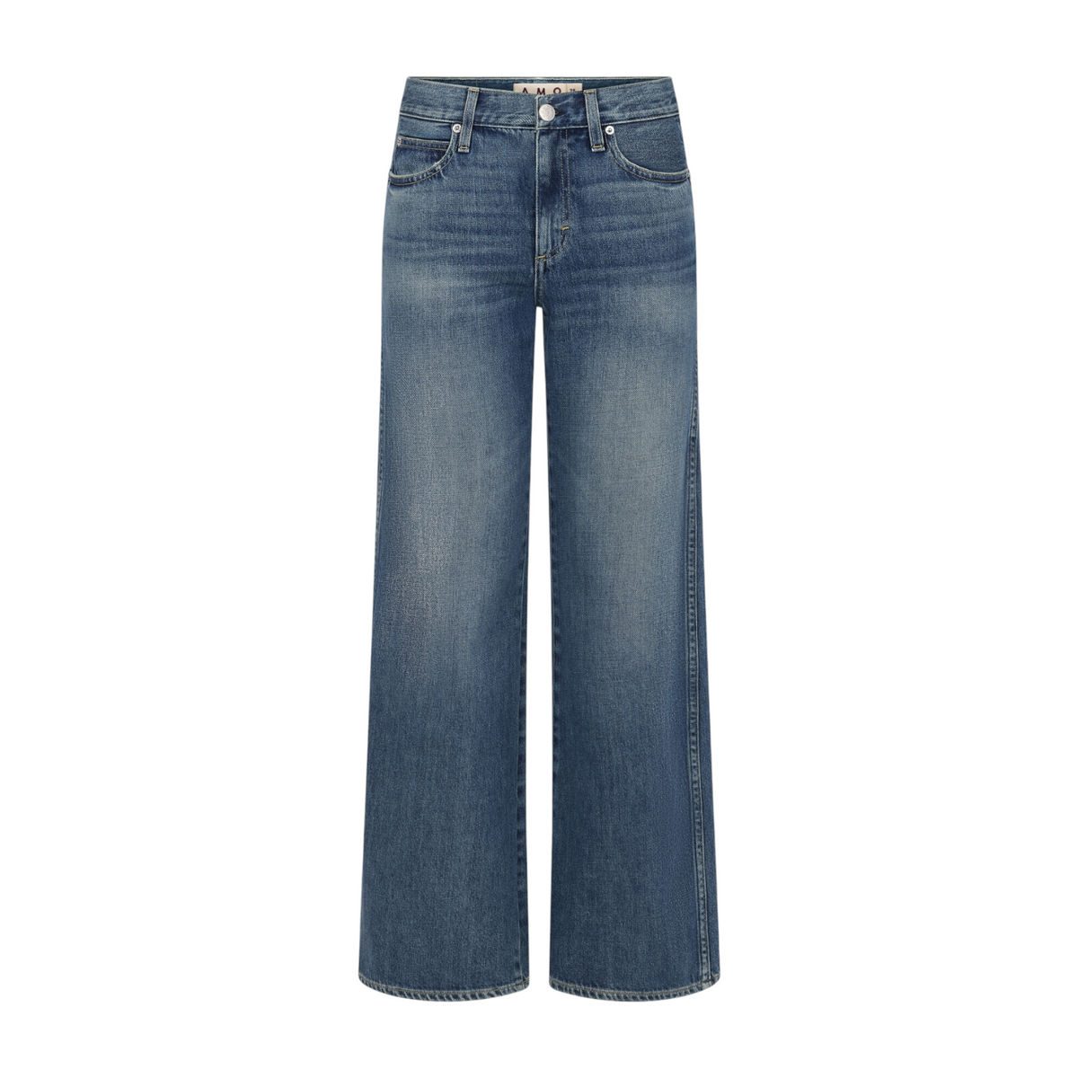 The Tiny Finch Regina mid-rise wide-leg jeans in lightweight blue denim with a zip fly and full-length hem.