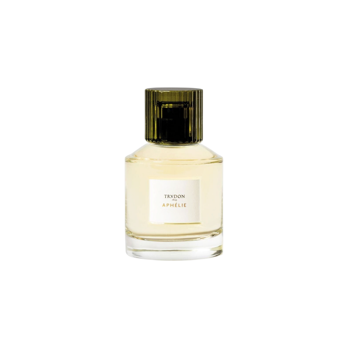 The Tiny Finch Aphelie perfume in a clear glass bottle with a dark green ribbed cap and white label.