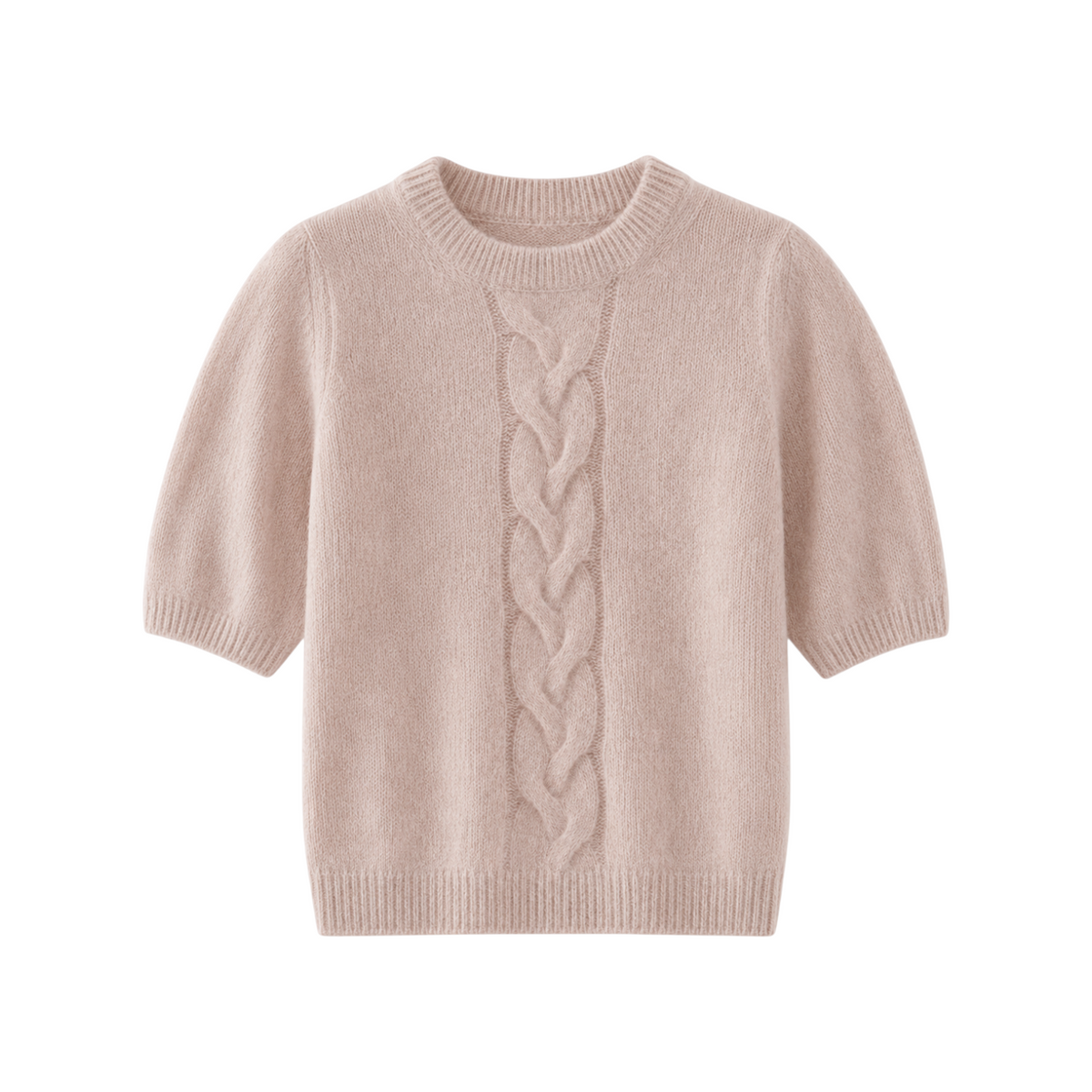 The Tiny Finch Jasmine short sleeve cashmere and silk sweater in jute with a cable-knit front and crew neckline.