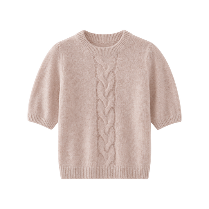 The Tiny Finch Jasmine short sleeve cashmere and silk sweater in jute with a cable-knit front and crew neckline.