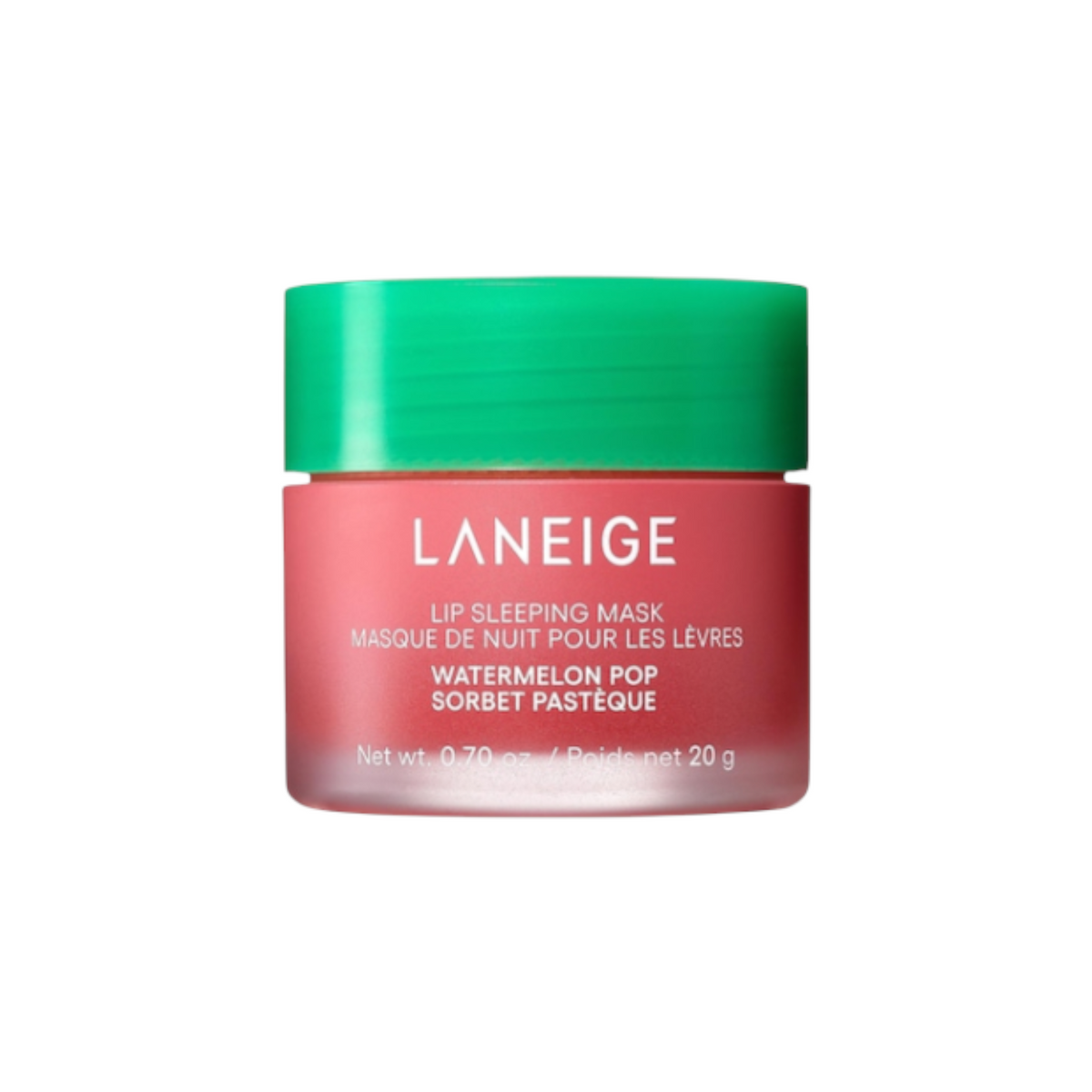 The Tiny Finch Laneige Lip Sleeping Mask in Watermelon Pop with a pink jar and green lid for hydrating dry lips.
