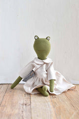 Fern the Frog — Heirloom Wool Doll in Oat Linen Dress