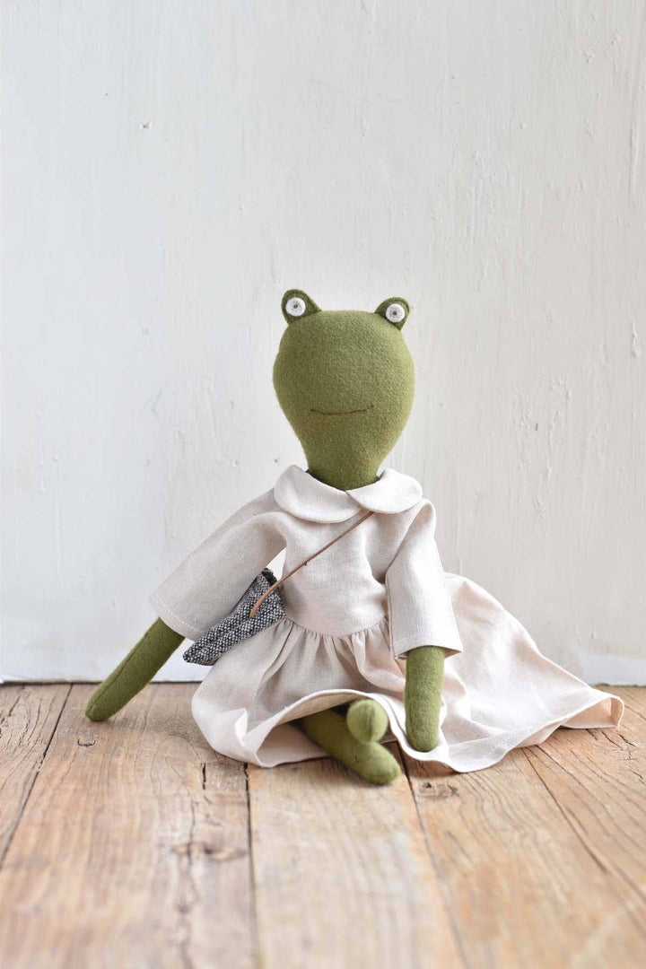 Fern the Frog — Heirloom Wool Doll in Oat Linen Dress