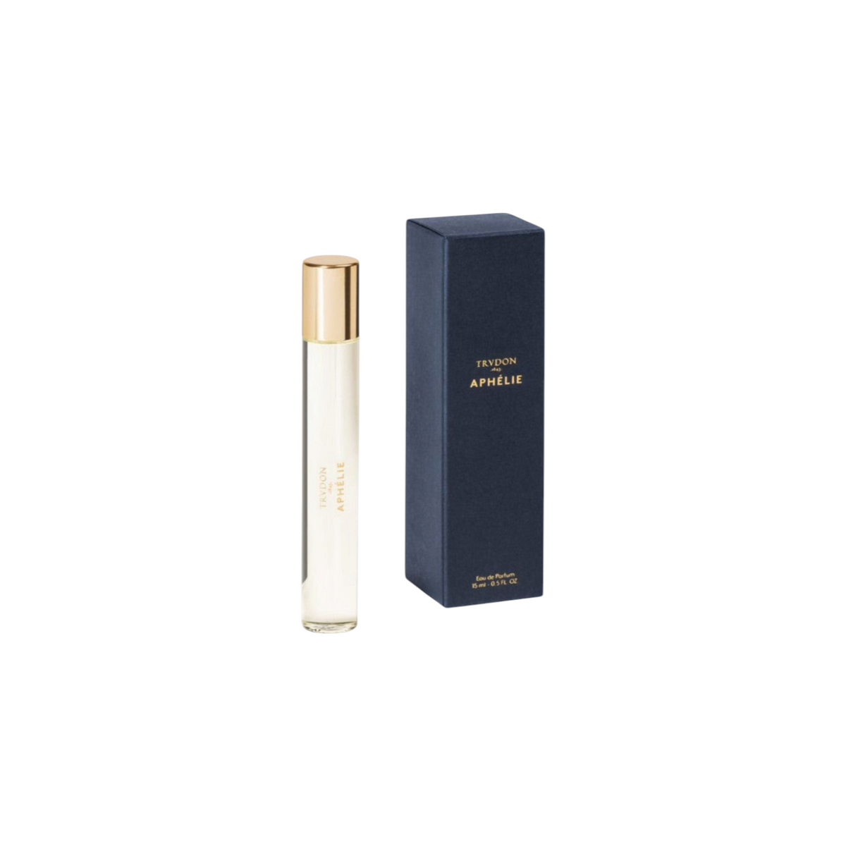 The Tiny Finch Aphelie 15ml travel perfume bottle with gold cap next to its dark blue branded box.