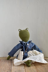 Fern the Frog — Heirloom Doll in Indigo Field Jacket & Eyelet Skirt