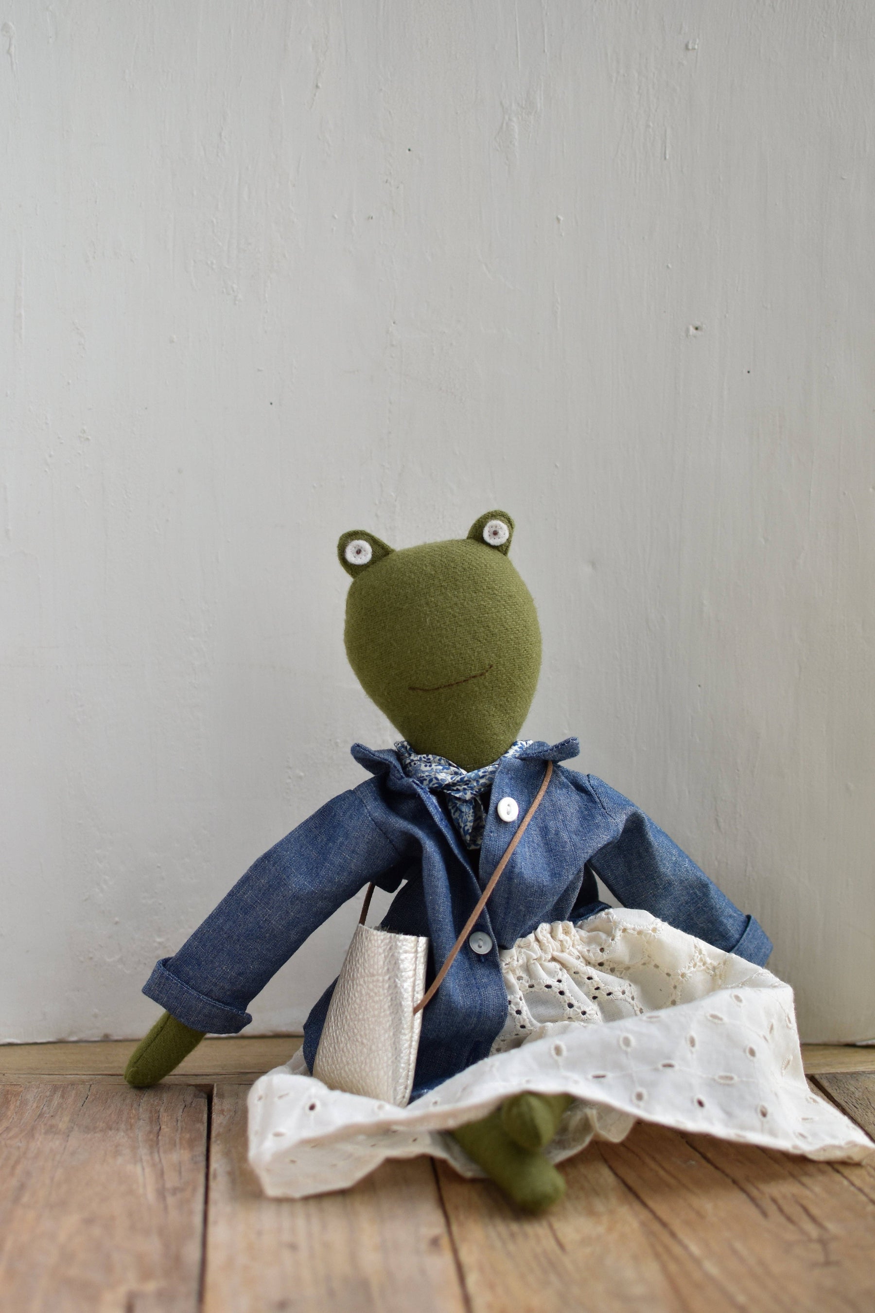 Fern the Frog — Heirloom Doll in Indigo Field Jacket & Eyelet Skirt