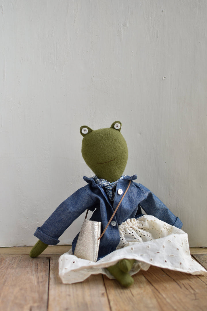 Fern the Frog — Heirloom Doll in Indigo Field Jacket & Eyelet Skirt