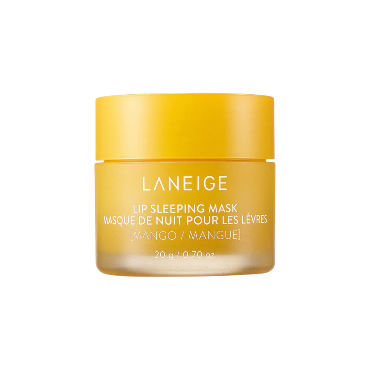 The Tiny Finch Laneige Lip Sleeping Mask in Mango, a nourishing leave-on treatment in a yellow 20g jar.