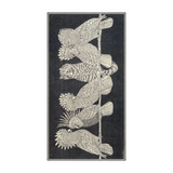 The Tiny Finch black and white cotton scarf featuring a detailed illustration of a cat perched among birds.