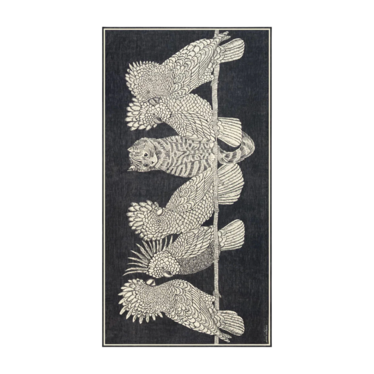 The Tiny Finch black and white cotton scarf featuring a detailed illustration of a cat perched among birds.