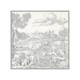 The Tiny Finch white silk square scarf featuring a detailed black line art landscape illustration with wild animals.