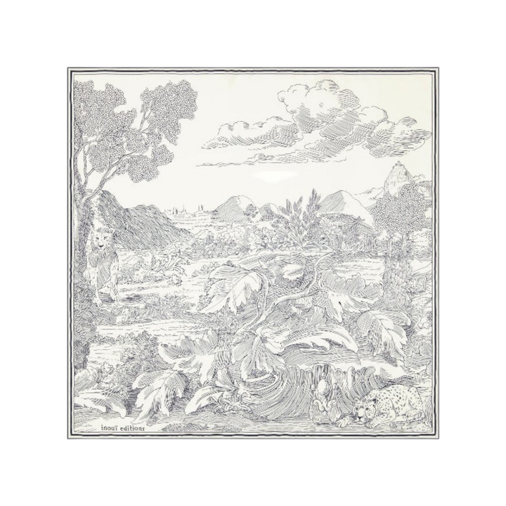 The Tiny Finch white silk square scarf featuring a detailed black line art landscape illustration with wild animals.
