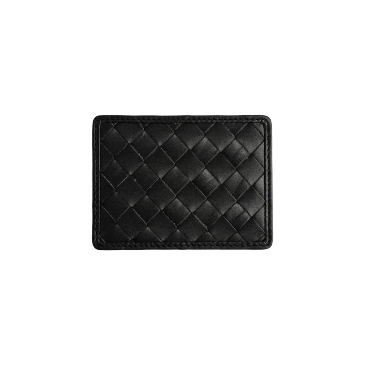 The Tiny Finch Nico black card case in handwoven carré leather with a slim minimalist design.