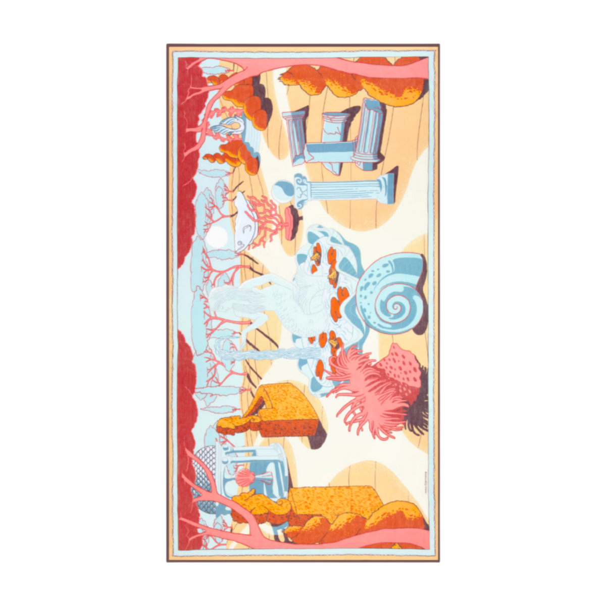 The Tiny Finch Scarf Jardin Coral, a 100% cotton rectangular scarf featuring a vibrant garden print in coral tones.