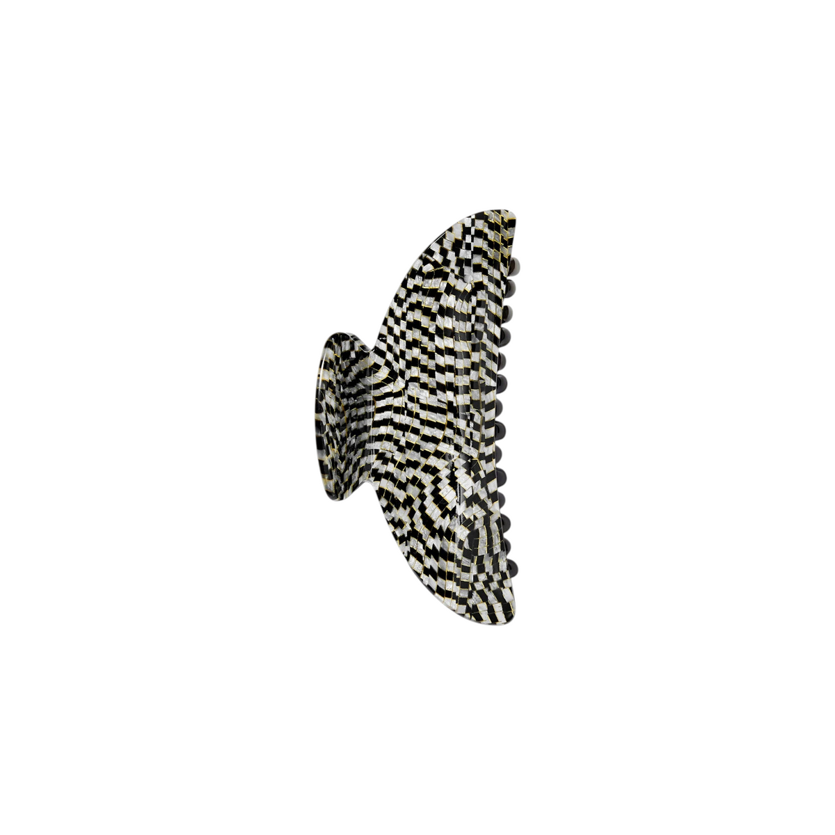The Tiny Finch Midi Hair Clip Perle Noir in black and white checkered Italian acetate with stainless steel hardware.