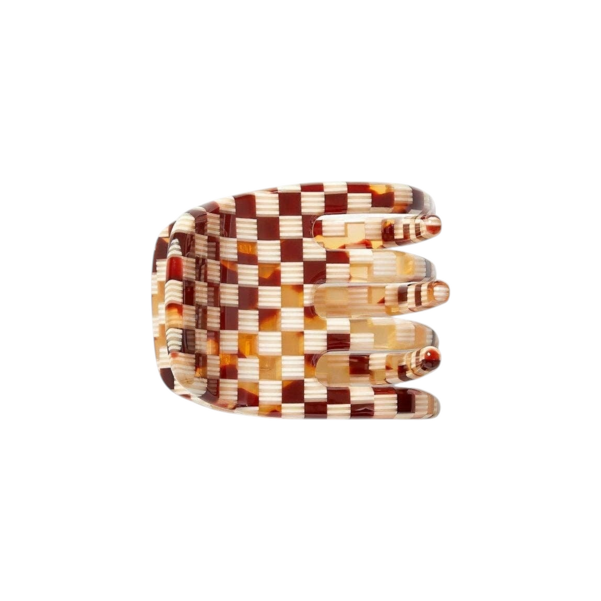 The Tiny Finch mini claw hair clip in a brown and cream tortoise checker pattern, handcrafted from Italian bio-acetate.