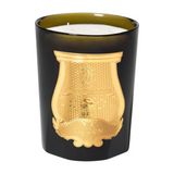 The Tiny Finch Ernesto scented candle in a dark green glass vessel with a decorative gold emblem label.
