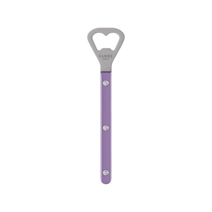 The Tiny Finch Bistro bottle opener in pearly purple with a stainless steel head and nylon handle.