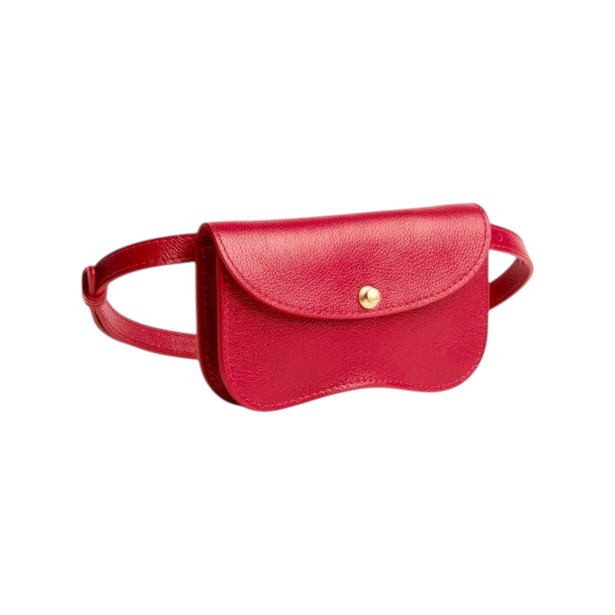 The Tiny Finch Faba Carmine red vegetable tanned milled leather belt bag with a gold snap closure.