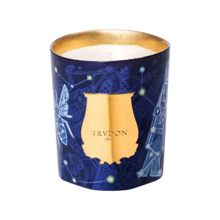 The Tiny Finch Luna scented candle in a deep blue glass vessel with gold celestial patterns and a gold emblem.