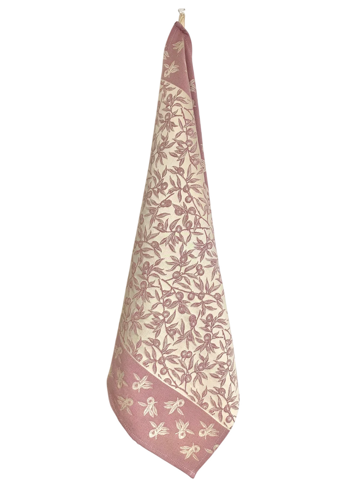 Embroidered Kitchen Towel Olives Magenta