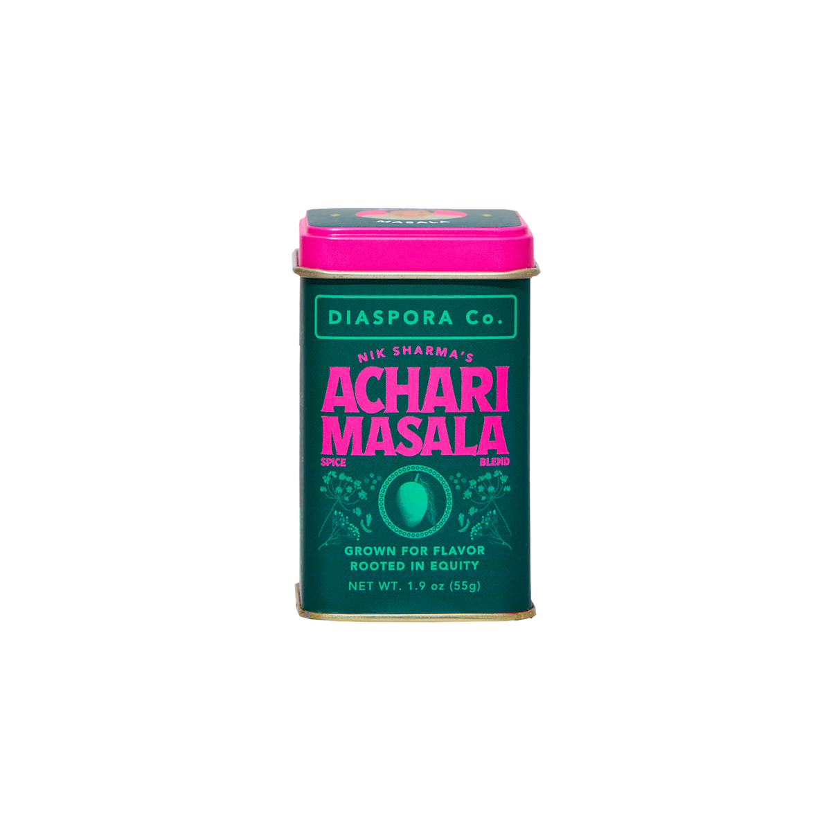 The Tiny Finch Nik's Achari Masala spice blend in a green and pink rectangular tin container.