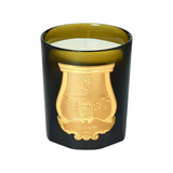 The Tiny Finch Gabriel candle in a dark green glass vessel with an ornate gold embossed emblem on the front.