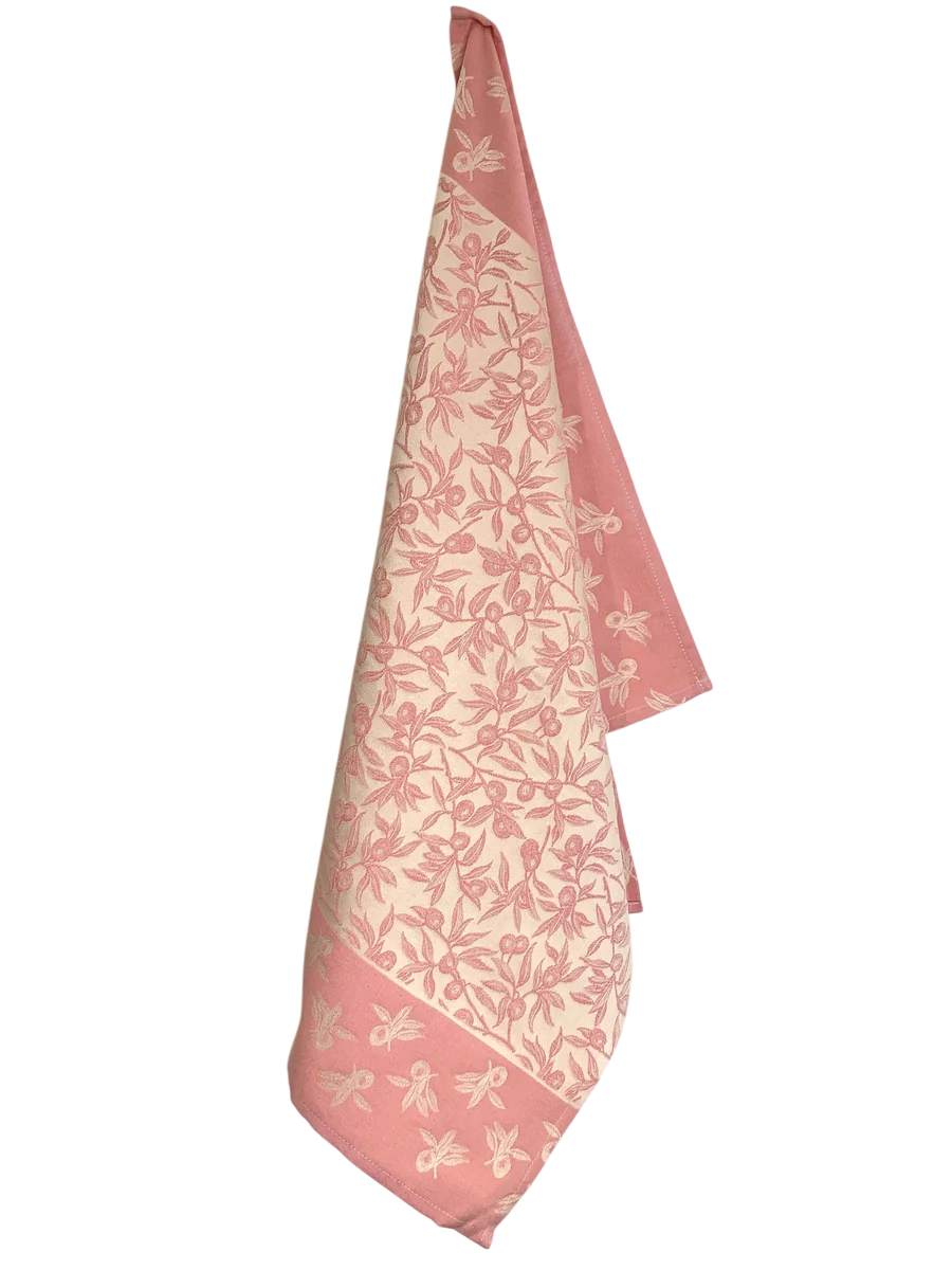 Embroidered Kitchen Towel Olives Pink