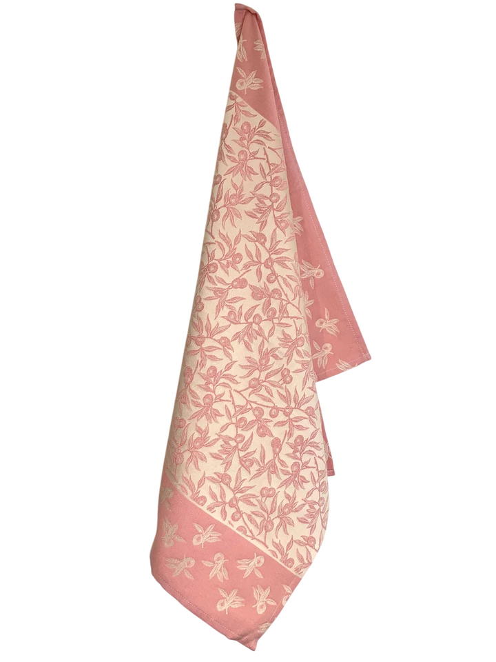 Embroidered Kitchen Towel Olives Pink